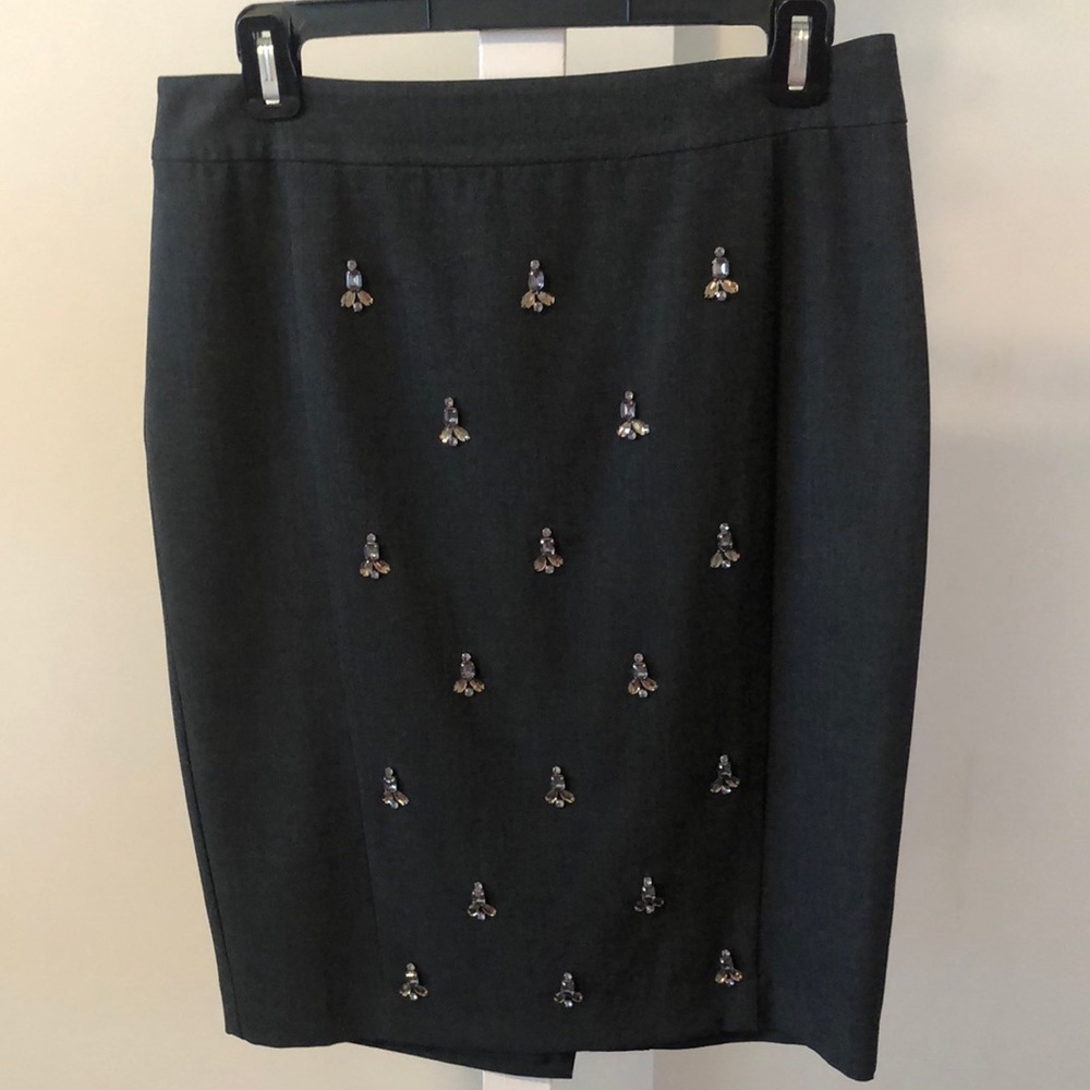 Grey flannel straight skirt embellished front  with pale pink and clear stones